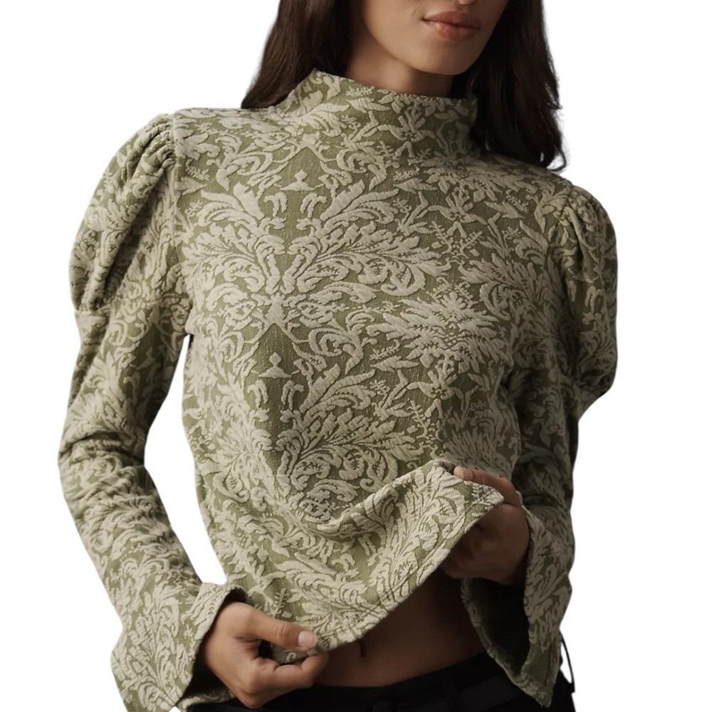 Anthropologie Jacquard Coquette Top Small Bow Boho Prairie Bell Puff Sleeve - Picture 4 of 15